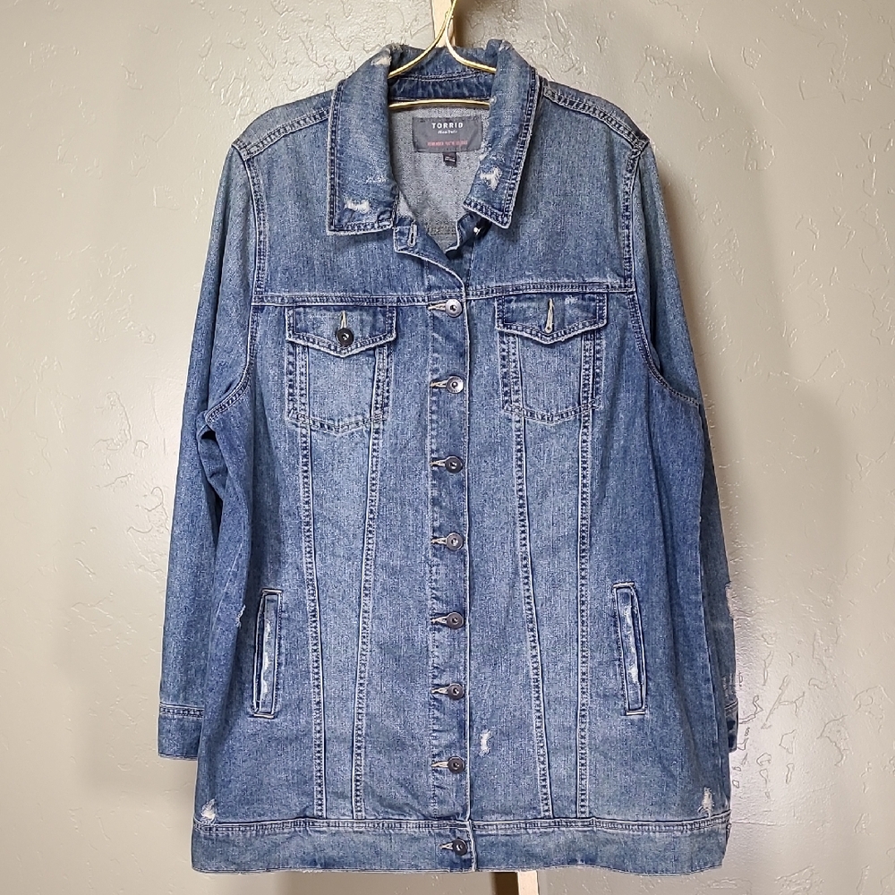Torrid Blue Longline Distressed Denim Jean Jacket 100% Cotton 2X 18/20